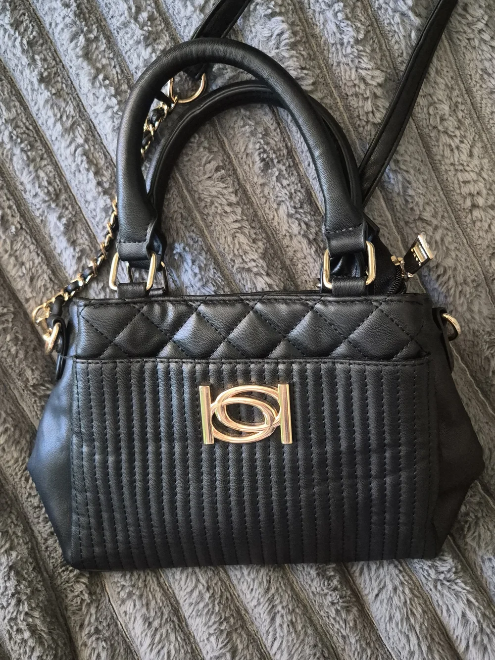 Bebe Black Quilted Satchel Handbag with Gold Accent